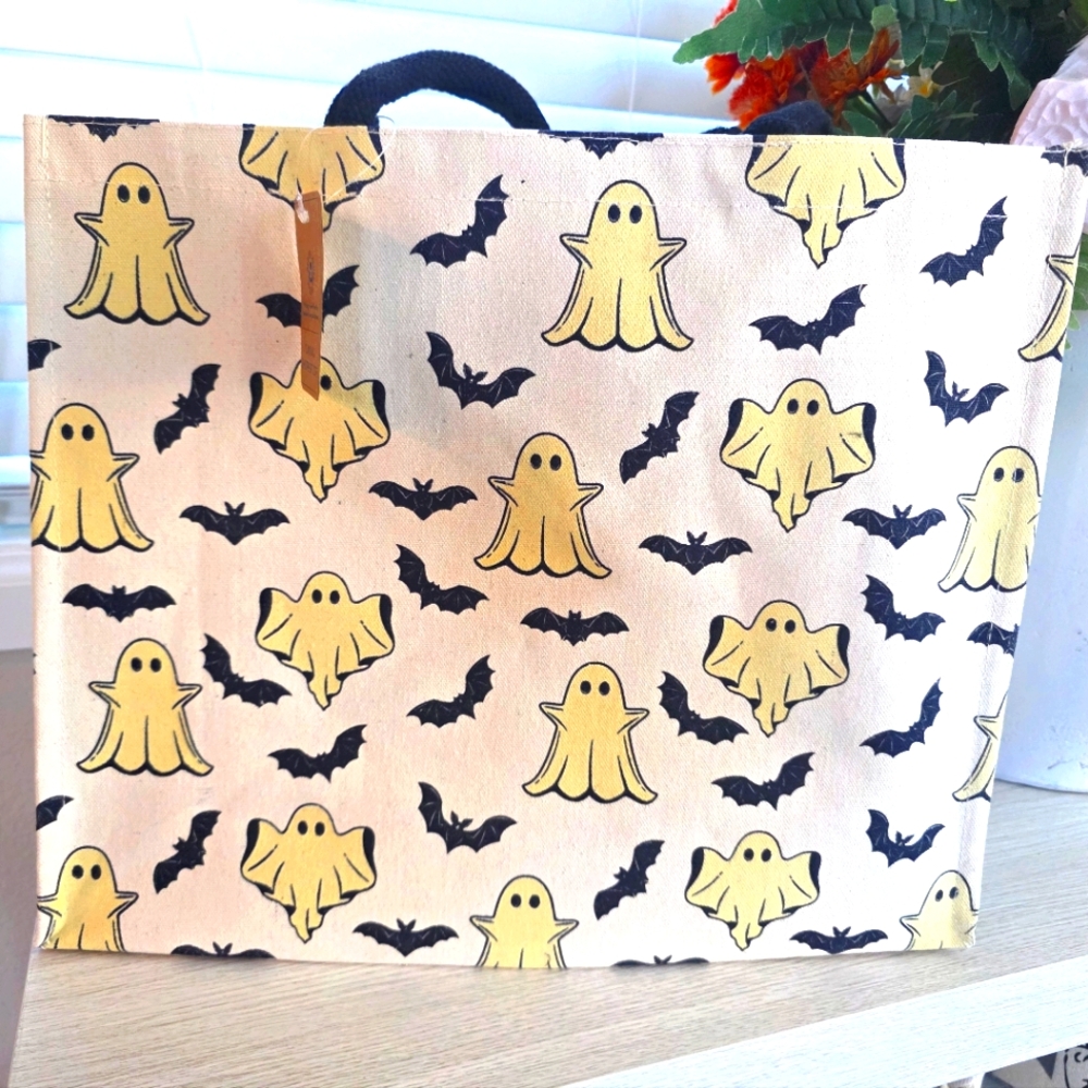 Halloween Ghost and Bat Canvas Tote Bag